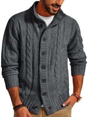 🆕Men's Dark Grey Cable Knit Cardigan Sweater Button Down Stand Collar Jacket
